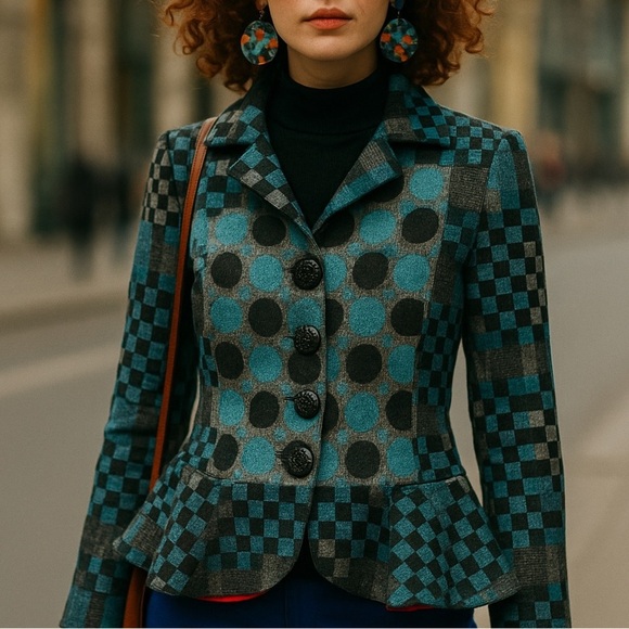 An Ren New York Wool Blend Jacket Medium Gray Blue Black Geometric Peplum Retro - Picture 8 of 8